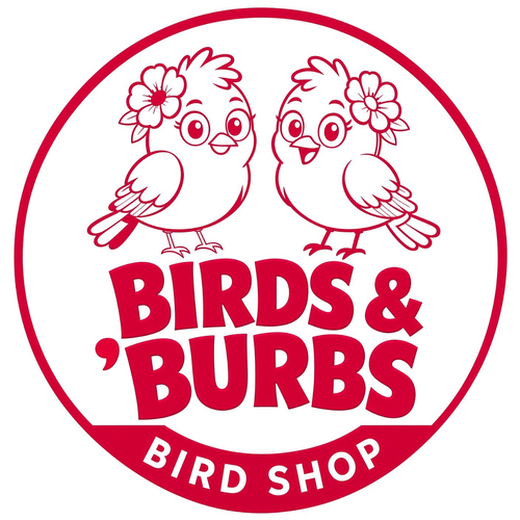 Birds & 'Burbs Bird Shop logo: two birds with flowers in their feathers